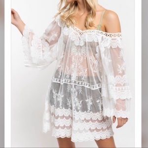 Feminine Sheer Lace White Tunic Top Cover Up